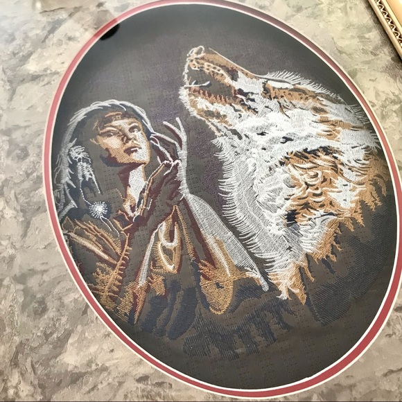 Native American Embroidered Framed Art Indian Woman And Wolf. Beautiful - Picture 8 of 11